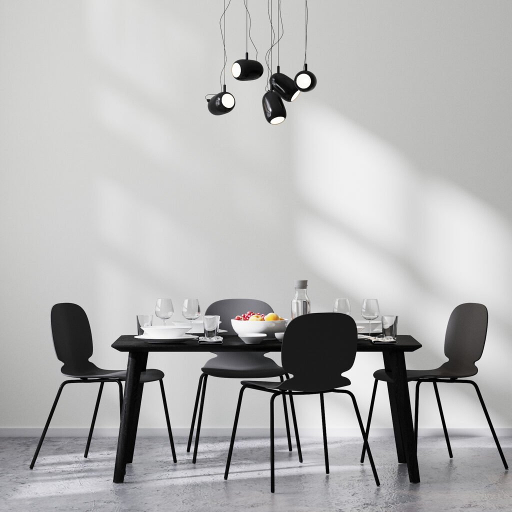 modern dining room interior with black table and chairs and whit