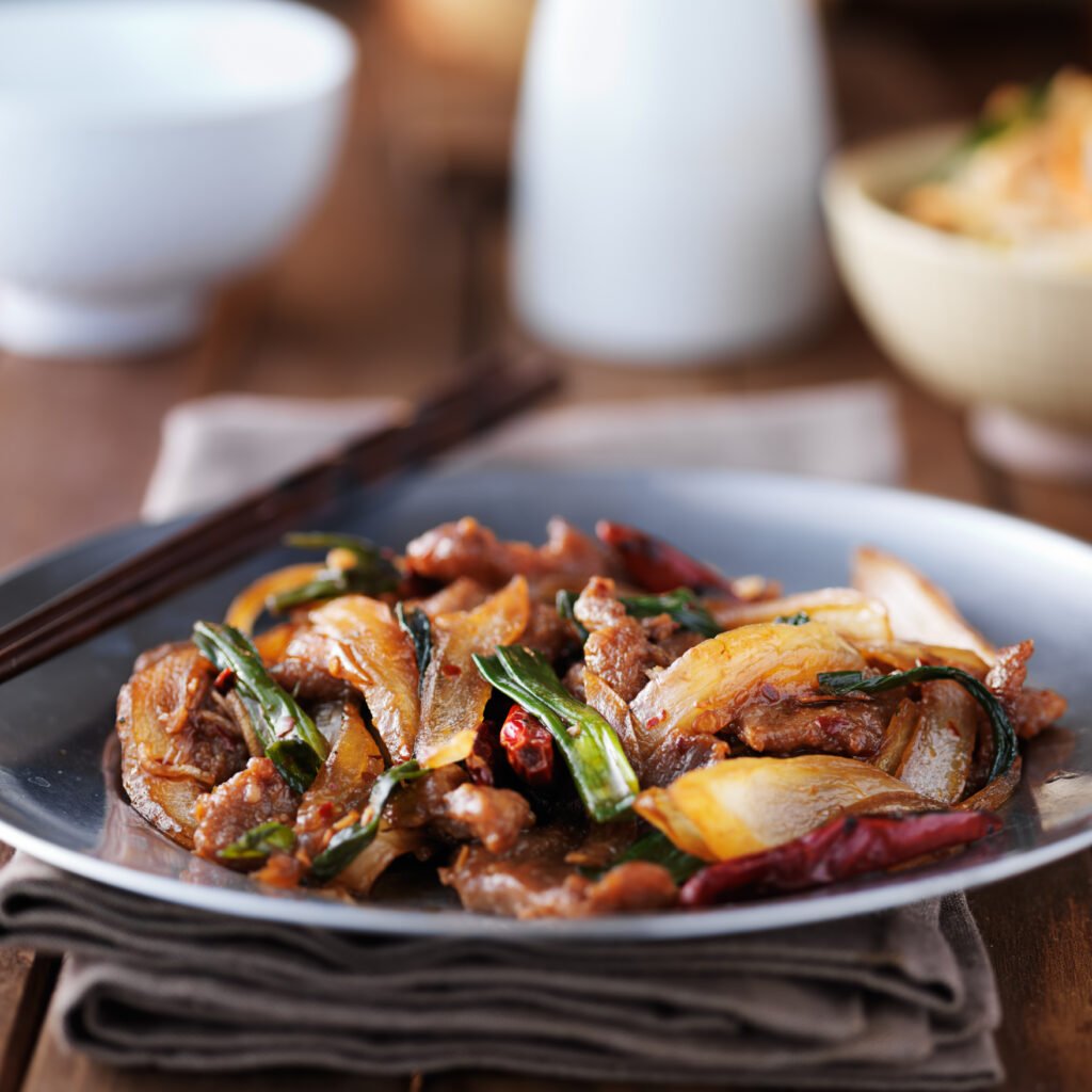 chinese mongolian beef stir fry on plate