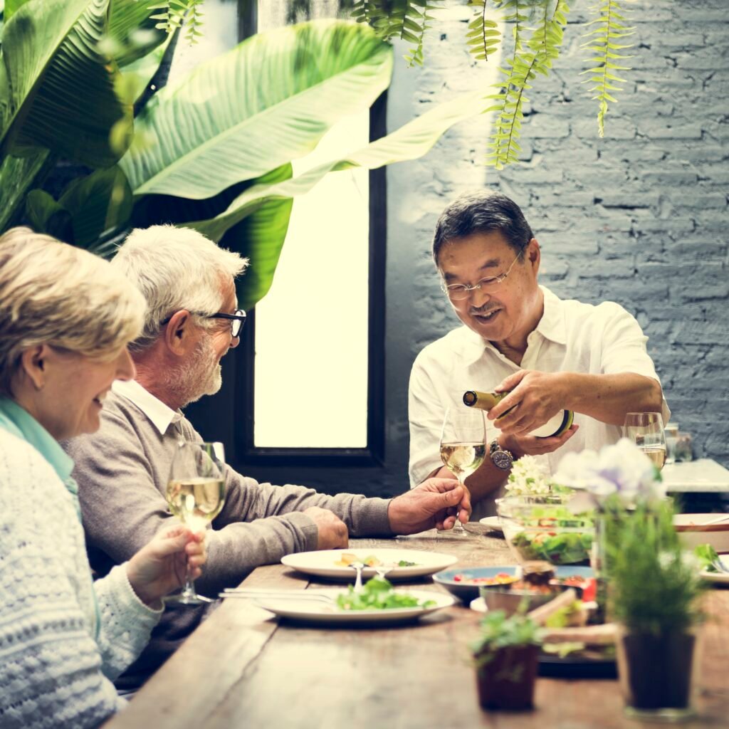 group of senior retirement meet up happiness concept